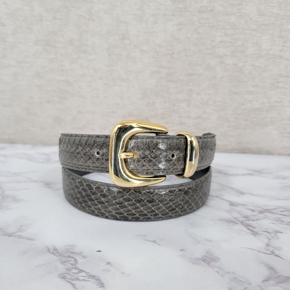 Vintage 80s Gray Genuine Snakeskin Leather Belt with Gold Tone Buckle